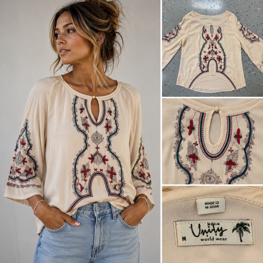 Unity World Wear‎ Womens Cream Boho Embroidered Keyhole Peasant Blouse Size M